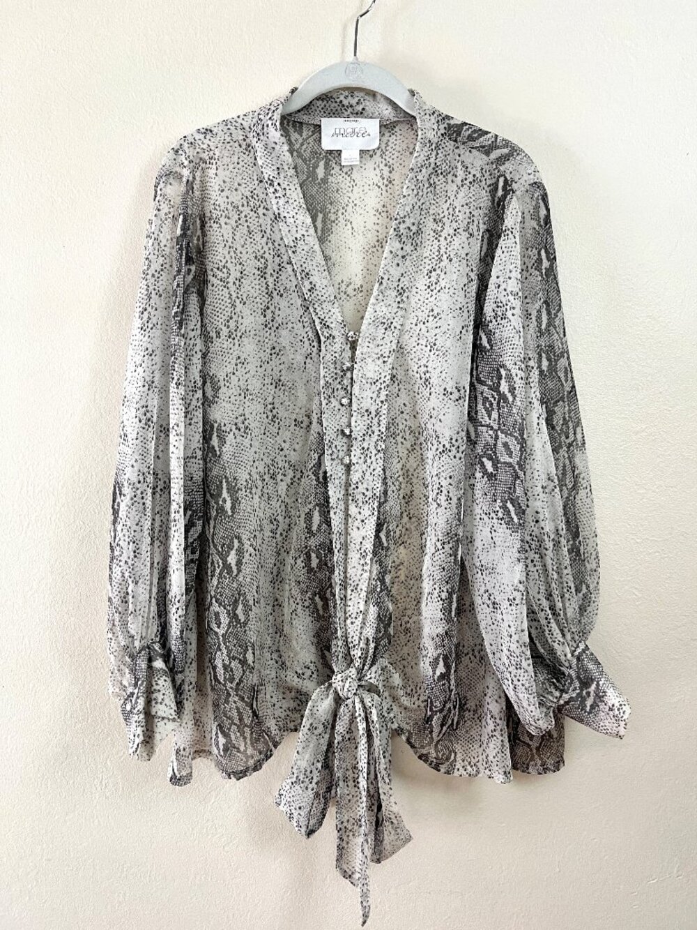 Mare Mare Grey Snake Print Semi-Sheer Long Puff Sleeves Loose Fit Blouse Size L